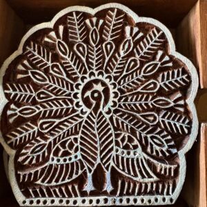 Title: Hand-Carved Wooden Printing Block – Intricate Peacock Design